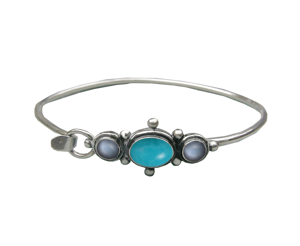 Sterling Silver Strap Latch Spring Hook Bangle Bracelet Turquoise And Grey Moonstone